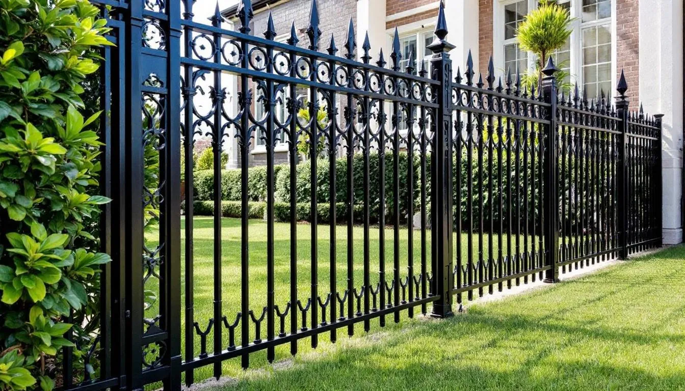 A modern yard featuring a durable metal fence, highlighting its aesthetic appeal.