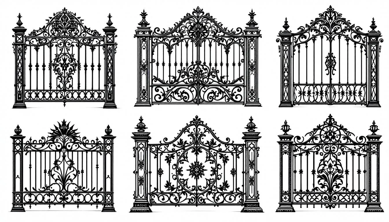 Different styles of metal fences including modern and traditional designs.